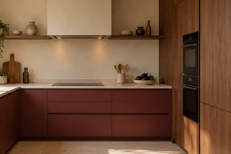 Visualización conceptual IA de cocina: Cocinas de Bruno Ferrer. Detalle de materiales y distribución.