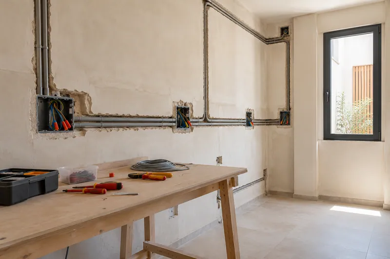Visualización conceptual IA: Canalizaciones y cajas eléctricas durante la preparación de una cocina.