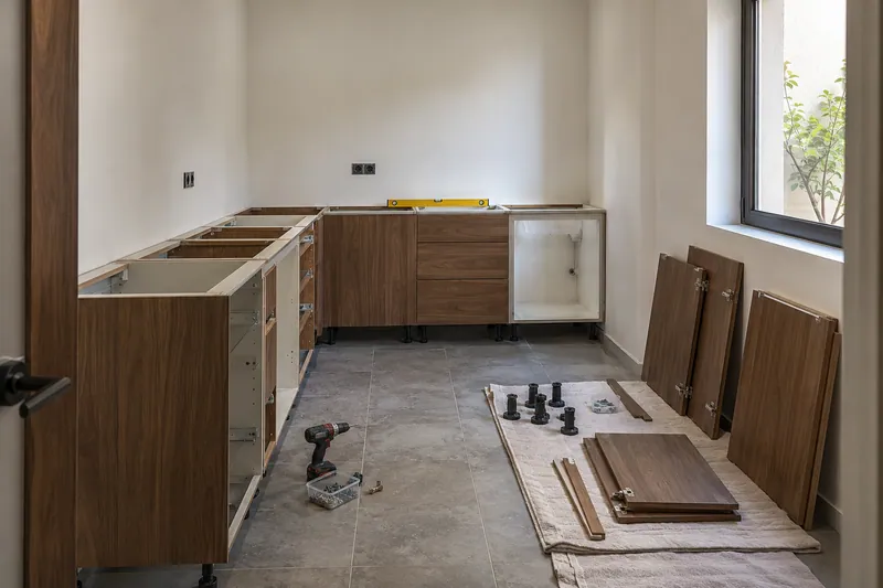 Visualización conceptual IA: Módulos de cocina en montaje con puertas pendientes de colocar.