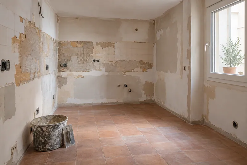 Visualización conceptual IA: Cocina sin muebles con paredes en preparación y zonas de enlucido.